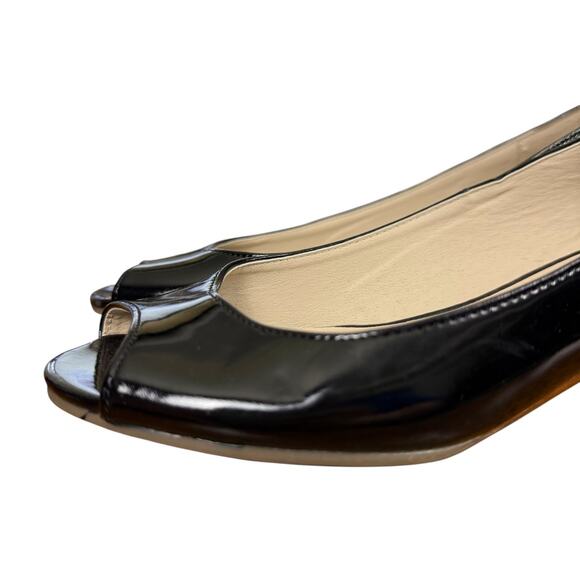 Steve Madden Open Toe Peep Patent Leather Black Stacked Wedge Shoes Pumps sz 8 - Picture 8 of 16
